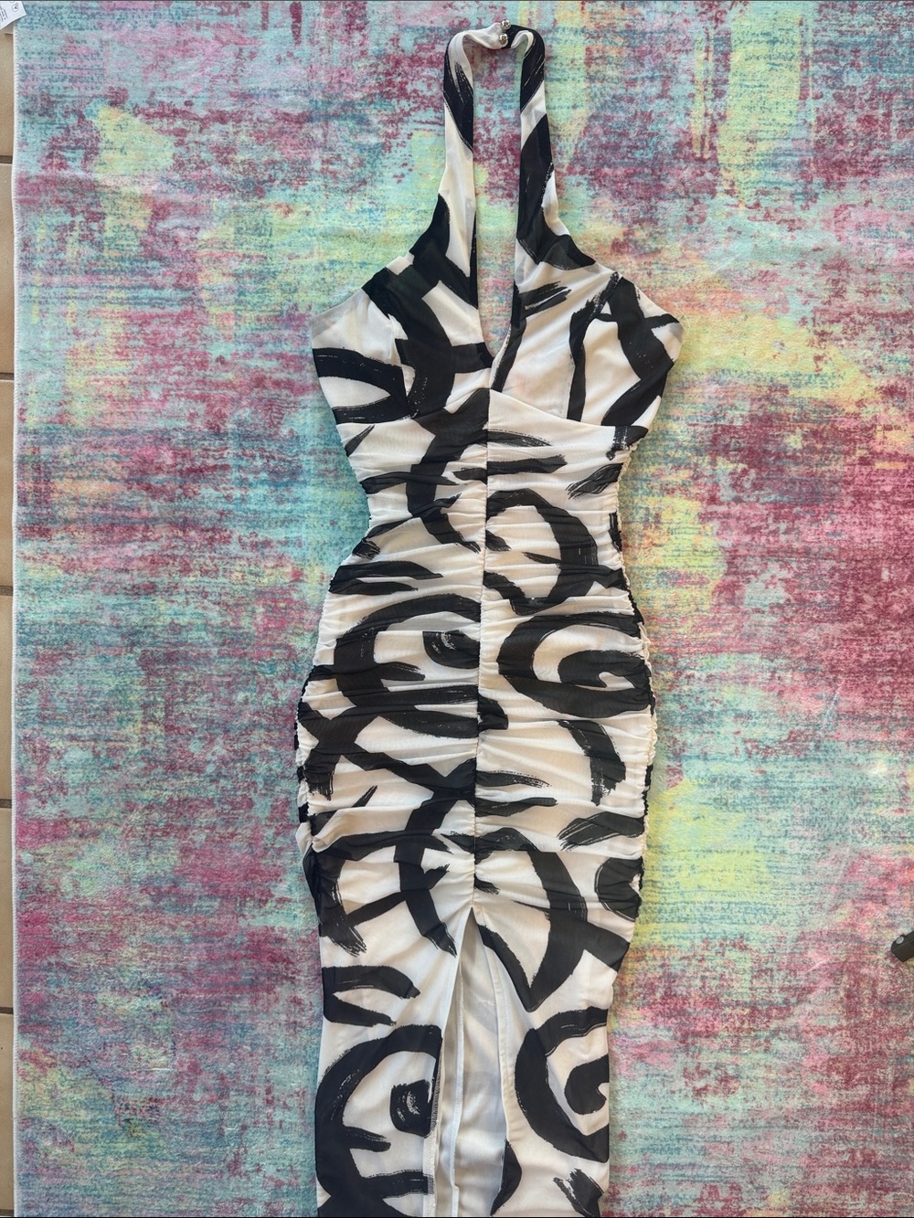 privy Black & White Halter Maxi Dress with Abstract Print